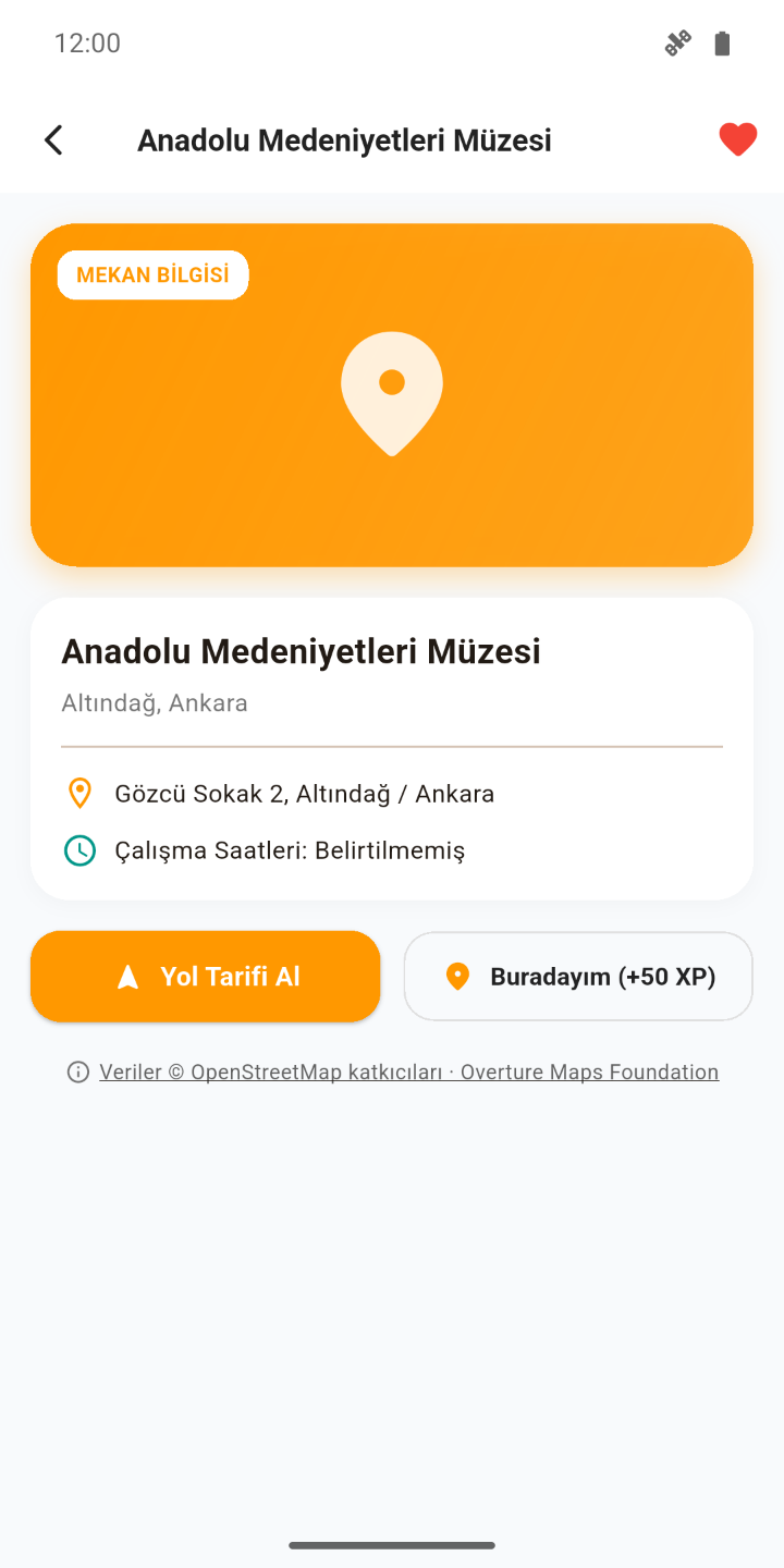 Anadolu Medeniyetleri Müzesi mekân detayı: Altındağ, Ankara adresi, belirtilmemiş çalışma saatleri, “Yol Tarifi Al” ve “Buradayım (+50 XP)” düğmeleri.